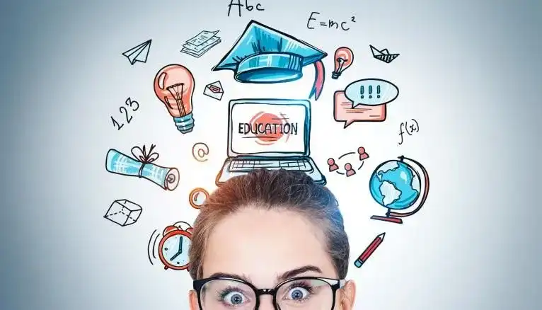 Conceptual image of educational planning with icons like a graduation cap, laptop, and diploma.