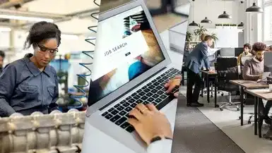 A montage of diverse career paths, from skilled trades and office work to online job searching on a laptop.